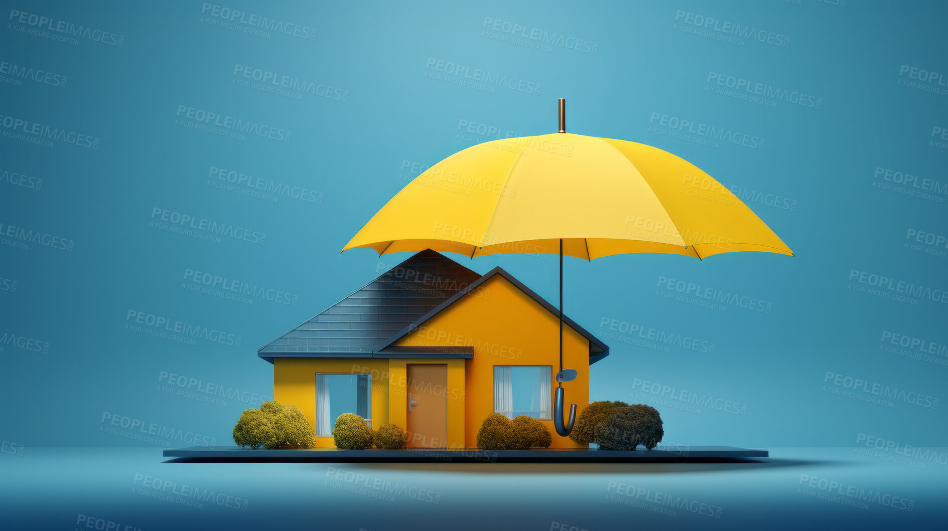 Buy stock photo Home under insurance umbrella. Protected asset coverage offered by company.