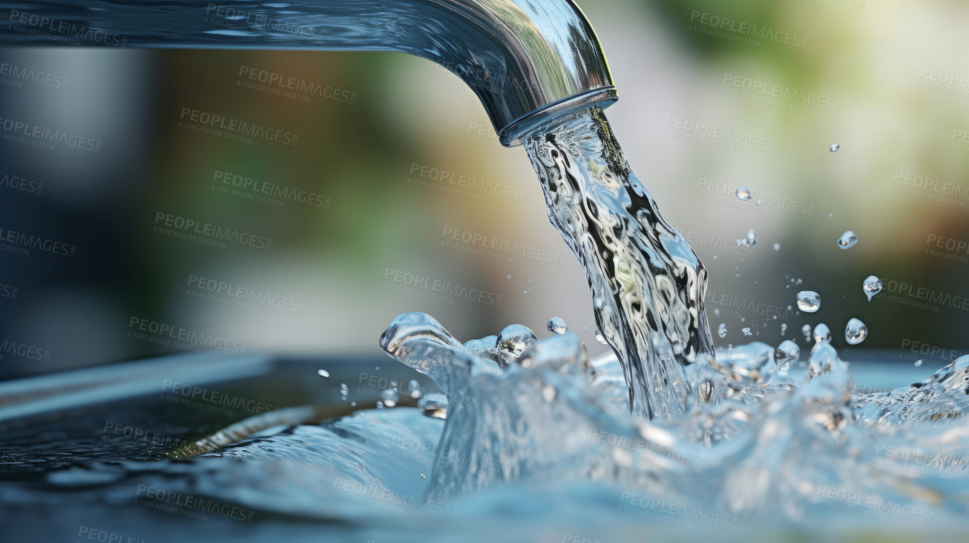 Buy stock photo Fresh spring mineral water for hydration. Flowing liquid close up with copy-space.