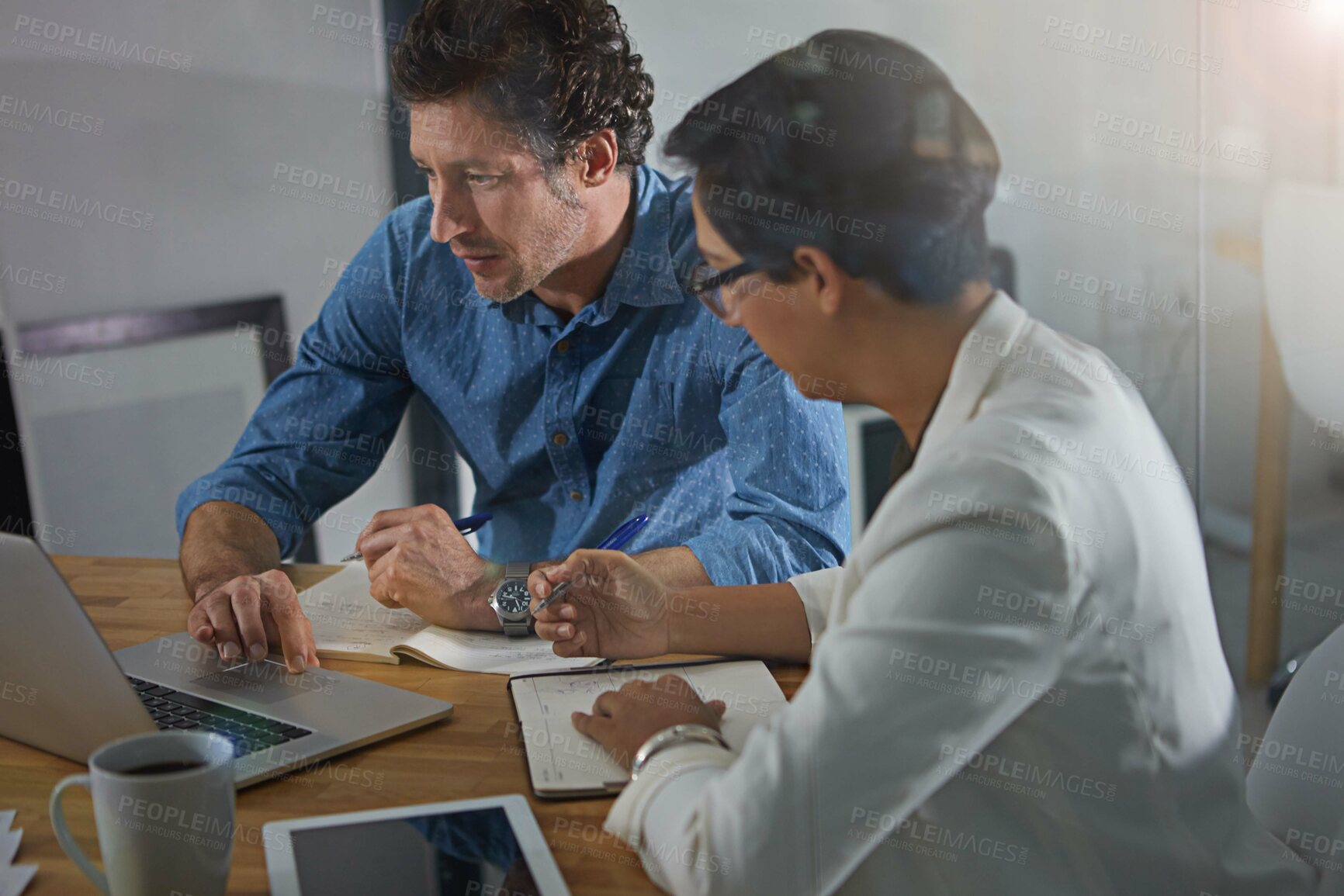 Buy stock photo Team, laptop and planning strategy or writing report note, web research innovation or tech partnership conversation. Diversity, teamwork and analytics business meeting with digital device in office