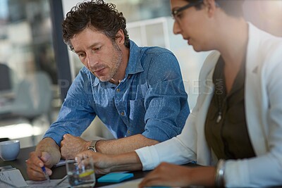 Buy stock photo Team, business meeting and planning analysis or writing report note, web research innovation or tech partnership conversation. Diversity, teamwork and strategy analytics with  documents in office