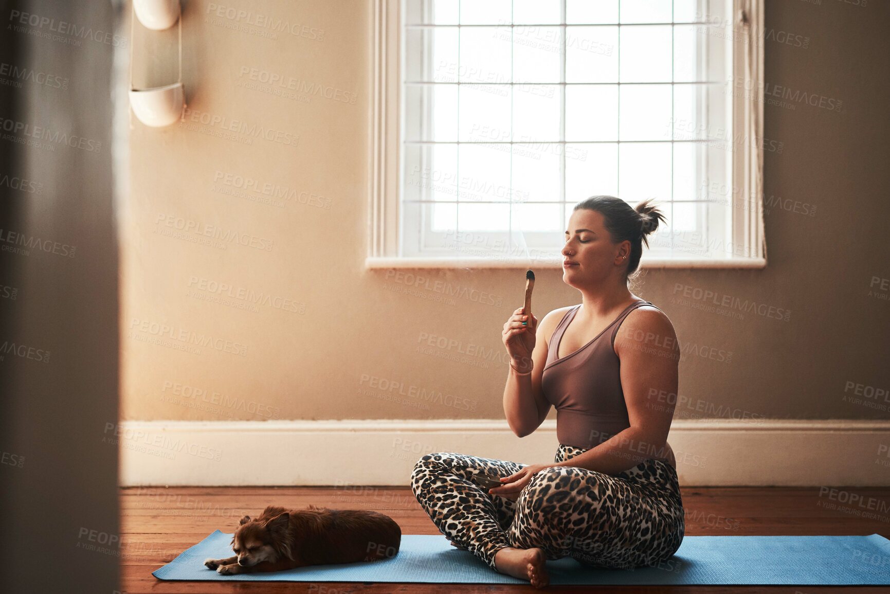 Buy stock photo Shot of a young woman burning a palo santo stick while sitting on a yoga mat alongside her dog at home