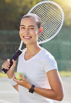 Buy stock photo Tennis game, sports portrait and woman training for professional event, happy on court in summer and smile for motivation in competition. Athlete ready for outdoor match, fitness and exercise