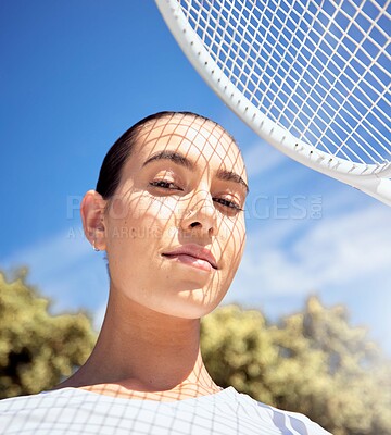 Buy stock photo Tennis racket, face and shadow on sports woman with motivation, wellness goals and winner mindset. Portrait of fitness person on court for exercise, workout and training for professional competition