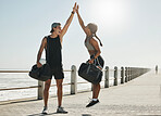 Motivation, high five and support with couple and fitness training for health, workout and goals in outdoor. Success, winner and partnership with man and woman jump for exercise, wellness and sports