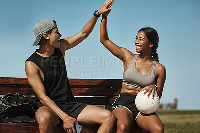 Buy stock photo High five, soccer and team celebrate winning match, happy and smile on bench with ball together. Football, players and victory enjoy game win, practice and exercise for wellness, training and workout