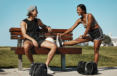 Buy stock photo Exercise, stretching and sports couple relax in park, talking while getting ready for sport, training and wellness workout. Athletic, woman and man excited for recreation fun outdoors together 