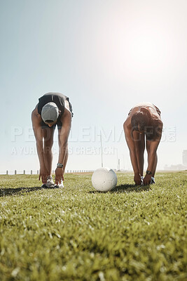 Buy stock photo Soccer, stretch and fitness workout people ready for football, training and game sports. Friends stretching for healthy joints exercise with motivation and athlete cardio in the summer sun and grass