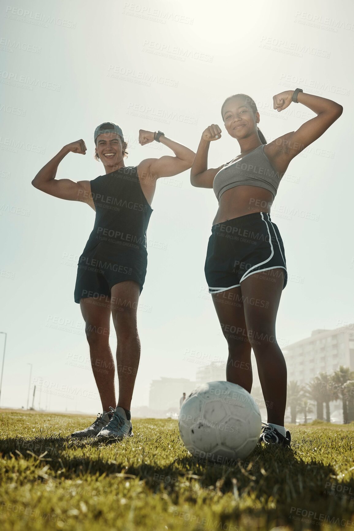 Buy stock photo Soccer, man and woman before game, selfie and practice for exercise together for health or fitness. Football, male or female athlete pose for wellness, workout or sport training in sportswear outdoor