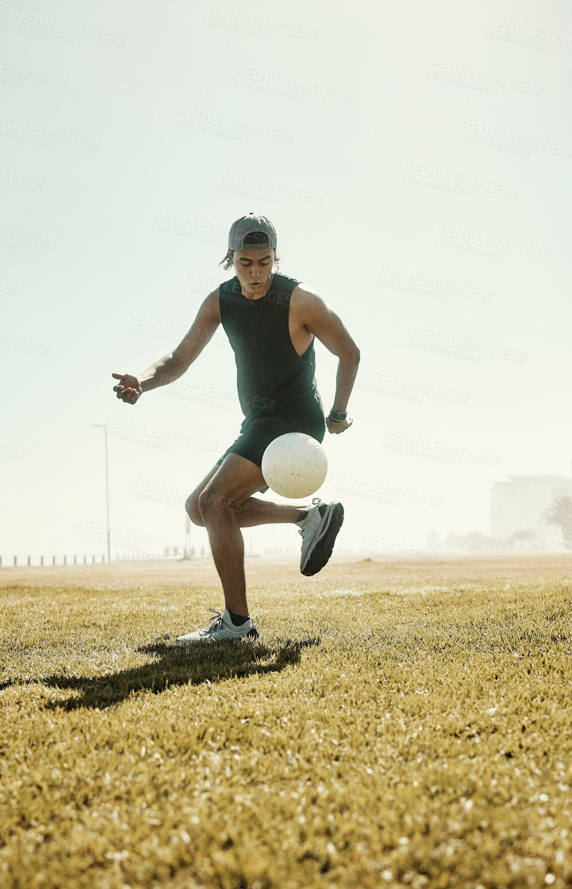 Buy stock photo Sports, soccer and man running on soccer field outdoors fitness goal training for sport competition. Young athlete, cardio workout motivation and healthy exercise development for energy or wellness 