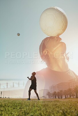 Buy stock photo Soccer man, overlay and balance a ball, play and training for a game on a grass field outdoor. Football, fitness and exercise with an athlete playing sports with double exposure of healthy young male