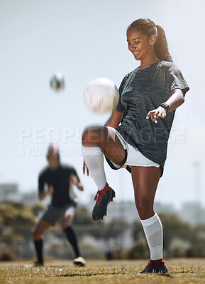 Buy stock photo Football, sports and training with woman juggling with knees for workout, exercise and fitness on field. Health, wellness and practice with athlete and soccer ball for game, goals or cardio lifestyle