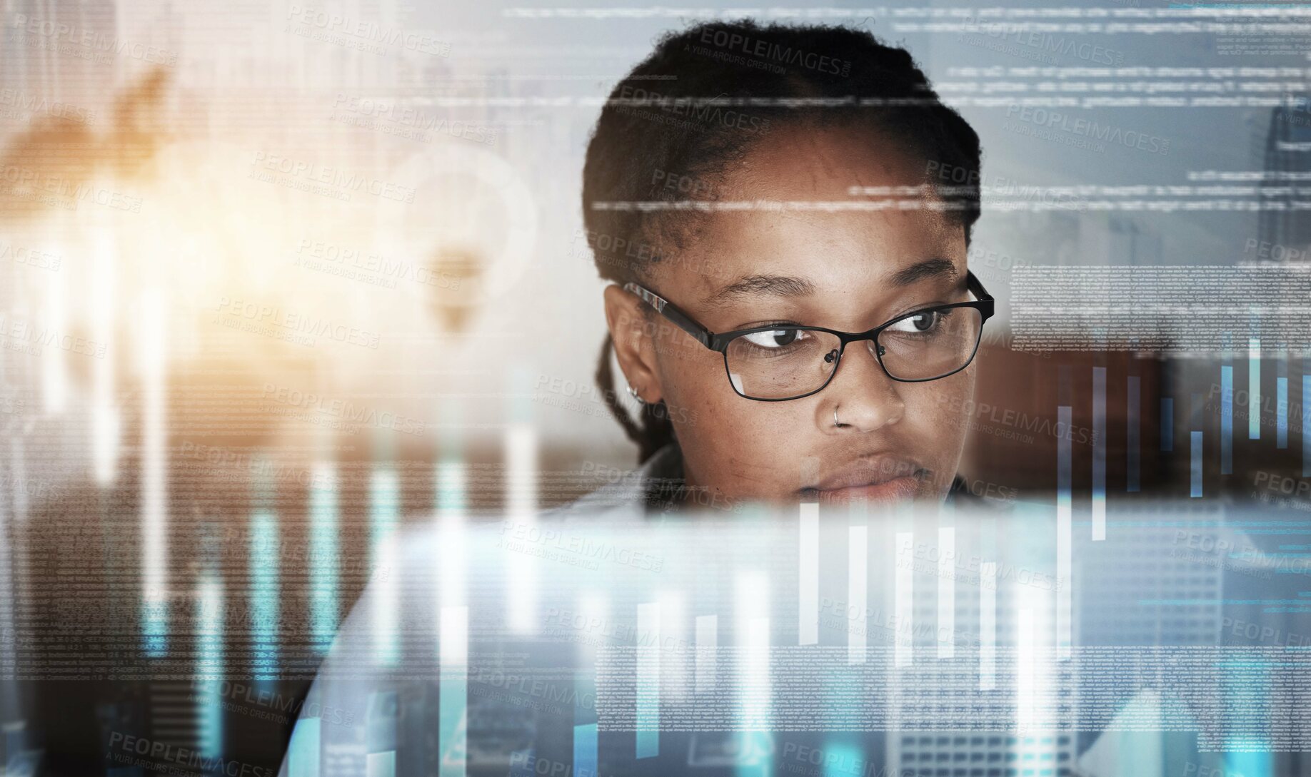 Buy stock photo Stock market graphic, cyber security overlay and business woman working and thinking about data. Black woman, fintech and financial employee busy with accounting, invest innovation and website 