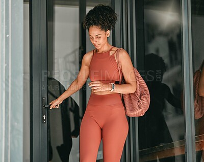 Buy stock photo Ready, welcome and door with black woman in gym for workout, exercise and motivation. Training, wellness and sports with girl athlete and bag for cardio, endurance and stamina goal lifestyle