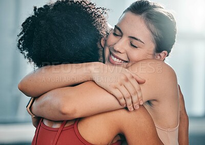 Buy stock photo Fitness, women or friends hug at gym for support after workout, sports exercise or training. Happy girls, embrace or healthy sports people smile while hugging after exercising together for motivation