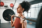 Gym exercise, barbell workout or black woman doing muscle strength training, fitness or bodybuilding. Strong girl, health lifestyle or powerlifting sports athlete, person or bodybuilder weightlifting