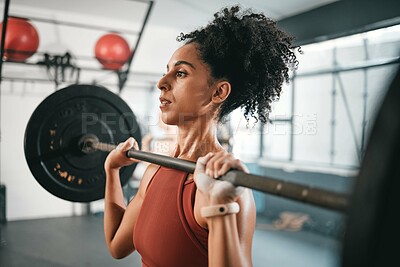 Buy stock photo Gym exercise, barbell workout or black woman doing muscle strength training, fitness or bodybuilding. Strong girl, health lifestyle or powerlifting sports athlete, person or bodybuilder weightlifting