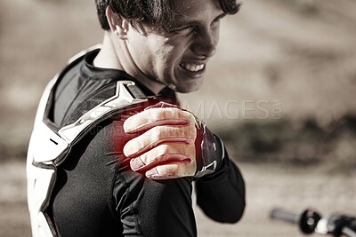 Buy stock photo Biker, man and shoulder pain after training, injury and inflammation with torn muscle, strain and outdoor. Male rider, athlete and sportsman with stiffness, accident and inflamed joint after practice