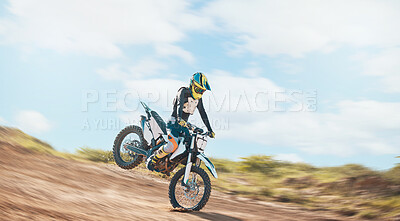 Buy stock photo Motorcross, offroad driving and sports on sky for freedom. Driver, cycling and power on dirt track, motorcycle competition and motorbike performance on adventure course, fast action show and speed 