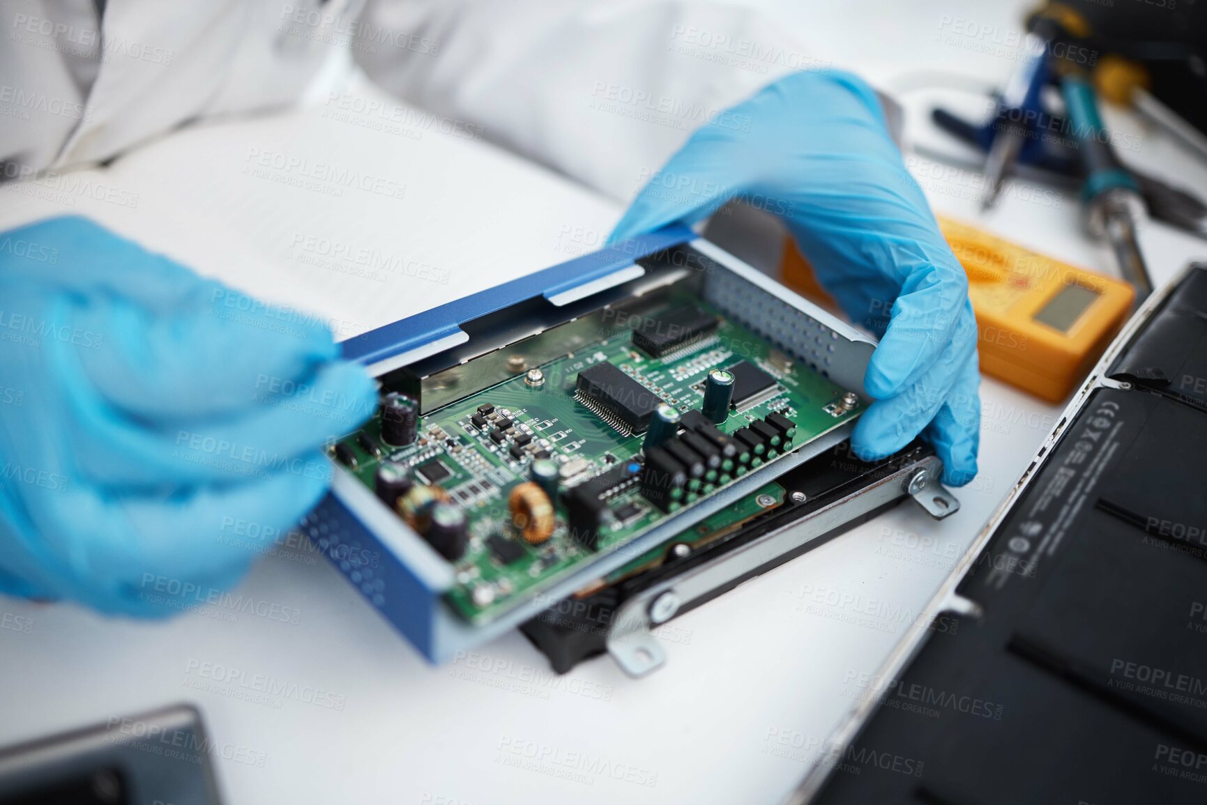 Buy stock photo Computer hardware, repair and hands of engineer working on electronic cpu, circuit and microchip. Information technology maintenance, programming and electrician fix coding, motherboard and processor