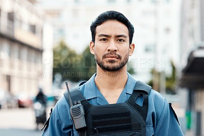Buy stock photo Portrait, ready or policeman in city for law enforcement, community protection or street safety. Face of cop, supervisor or serious Asian security guard on patrol in urban town for crime or justice