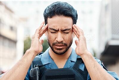 Buy stock photo Stress, crisis or policeman in city with headache, anxiety or burnout working for justice or law enforcement. Tired cop, sheriff or security guard with head pain, emergency or migraine on street road