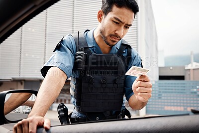 Buy stock photo Stop, drivers license or police officer in city to check info for law enforcement, protection or street safety. Cop, traffic search or security guard on patrol in urban town for crime or justice