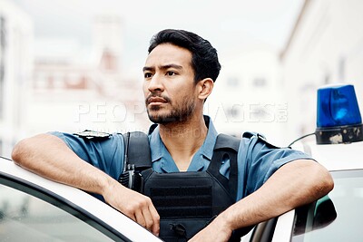 Buy stock photo Police, thinking and man officer by a car for an investigation or patrol for law protection in city or urban town. Criminal, safety and legal service guard or security on duty for justice enforcement
