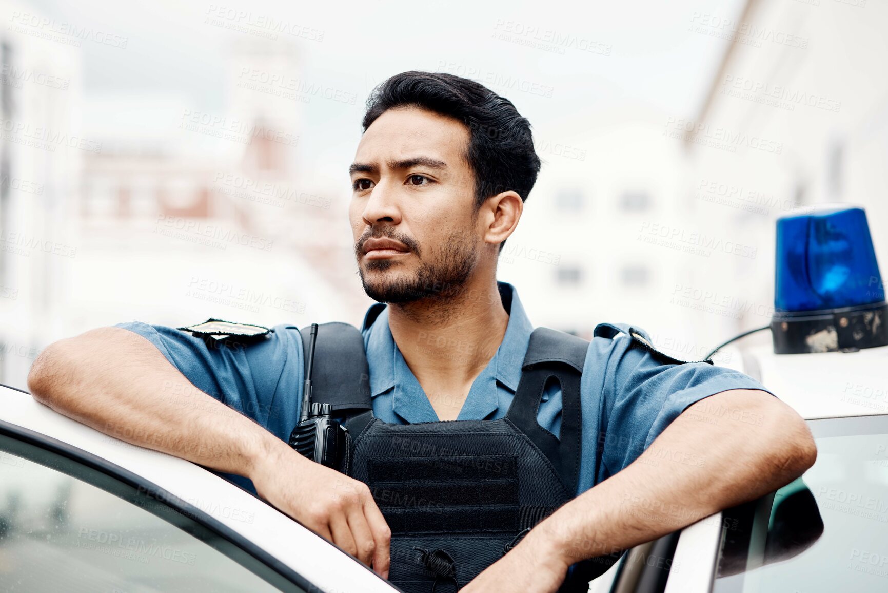 Buy stock photo Police, thinking and man officer by a car for an investigation or patrol for law protection in city or urban town. Criminal, safety and legal service guard or security on duty for justice enforcement
