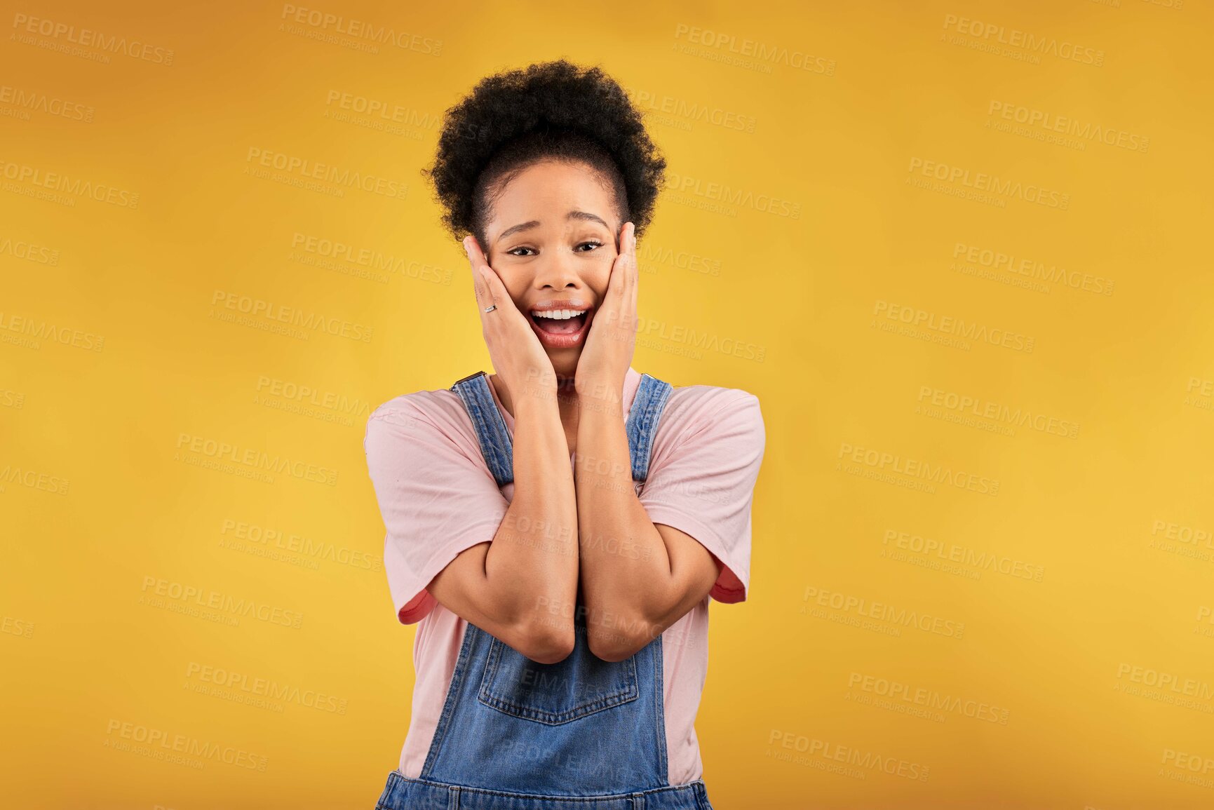 Buy stock photo Portrait, surprise and woman with a smile, excited and announcement on a yellow studio background. Female person, happiness and model with shock, wtf and omg with news, winning and facial expression