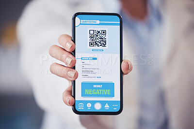 Buy stock photo Closeup, hand and phone screen for health results with a barcode for monkeypox safety. Healthcare, digital and a doctor with a mobile for a qr code for healthcare progress or show information