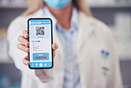 Hand, medical and qr code on a phone screen for positive diagnosis of the monkeypox virus. Healthcare, app and test results on a mobile display in a clinic or pharmacy for feedback on a disease