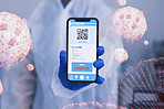 Hand, phone screen and qr code for positive covid test, gloves for safety, health or dna hologram. Scientist, virus particle and smartphone for 3D holographic overlay for results, app or ppe for scan