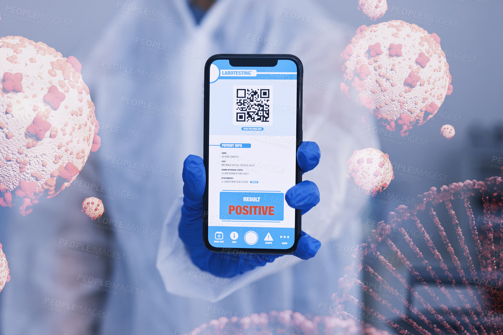 Buy stock photo Hand, phone screen and qr code for positive covid test, gloves for safety, health or dna hologram. Scientist, virus particle and smartphone for 3D holographic overlay for results, app or ppe for scan
