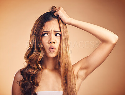 Buy stock photo Hair, frustrated and upset woman with beauty and frustrated from salon treatment and Brazilian fail. Studio, brown background and model with damage from split ends and shock of bad and messy haircut 