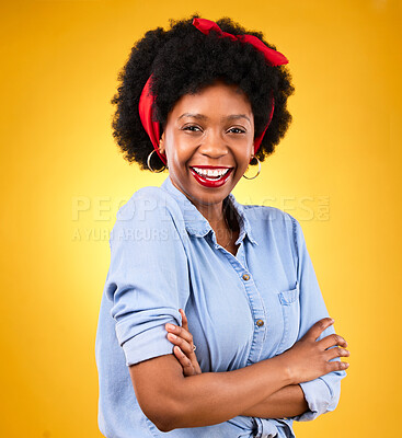 Buy stock photo African woman, arms crossed and smile in studio portrait, makeup or beauty with clothes by yellow background. Girl, fashion model or student with excited face for aesthetic, afro or ribbon with style