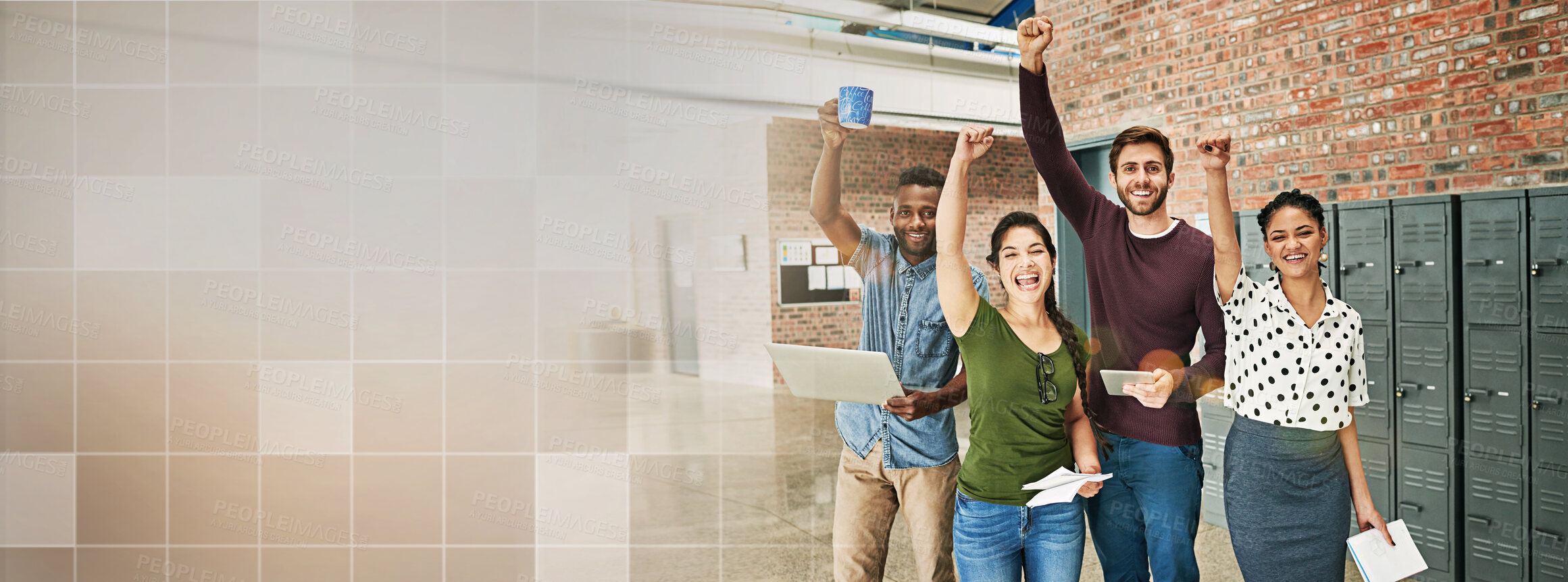 Buy stock photo Portrait, startup mockup or excited business people in a meeting, overlay or cooperation with diversity. Hands up, smile and group of employees in collaboration with teamwork, pride or banner space