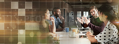 Buy stock photo Business people, conversation and teamwork in a meeting, planning or feedback for proposal, project or tech startup. Mockup space, bokeh or leader with group, grid or ideas with discussion or talking