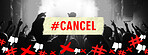 Social media, hashtag and cancel culture at a concert with people in a crowd or audience for entertainment. Banner, poster and censorship with a group at a show to protest against a music band