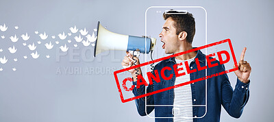 Buy stock photo Cancel culture, opinion and social media with man and megaphone for online, cyberbullying and toxic message. Free speech, censorship and anger with person on grey background for banner and voice