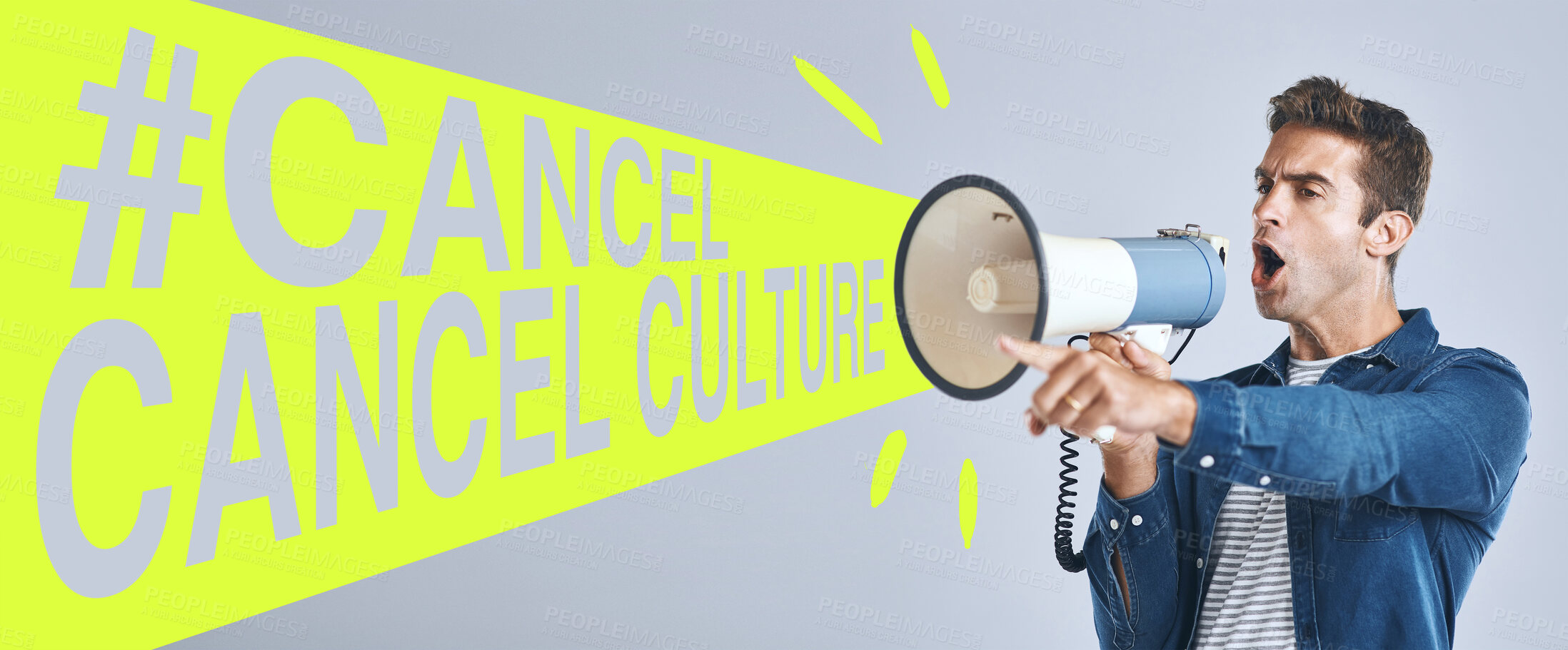 Buy stock photo Cancel culture, opinion and megaphone with man and overlay for social media, cyber bullying and toxic message. Free speech, censorship and anger with person on white background for banner and voice