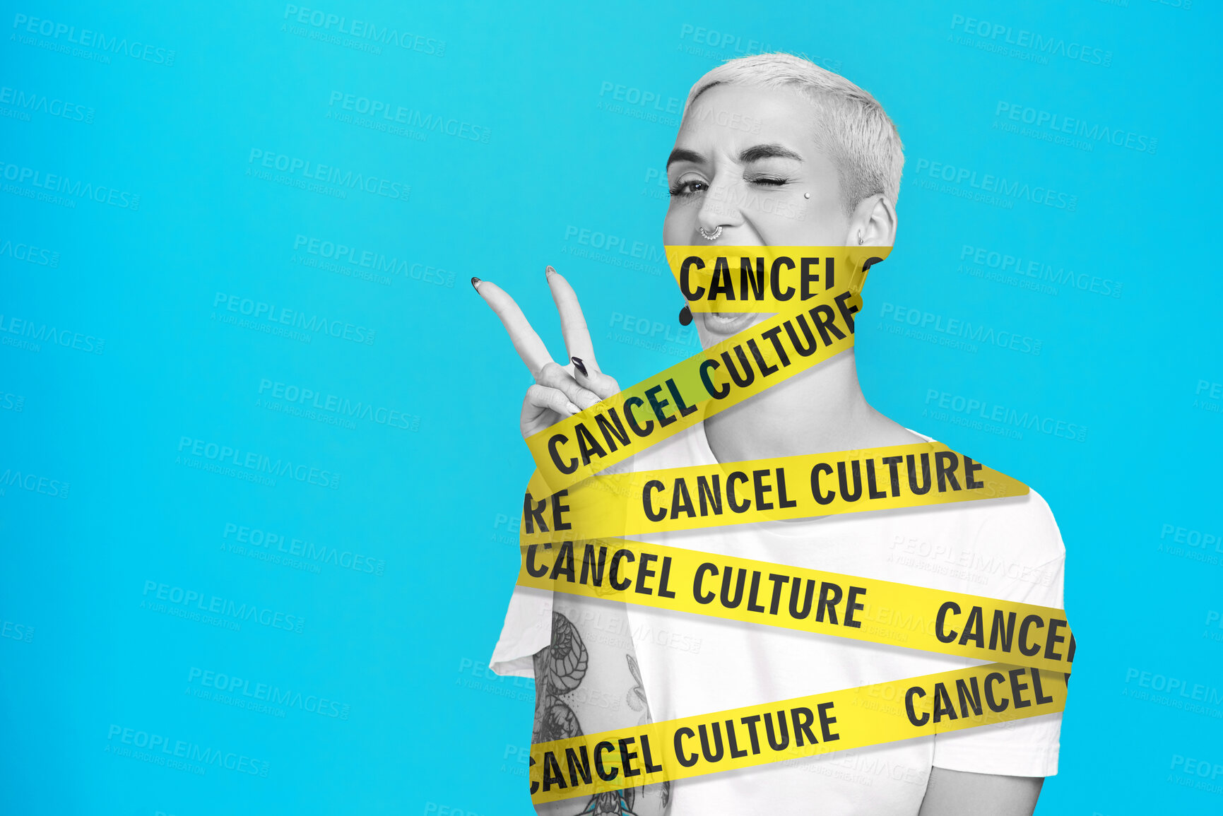 Buy stock photo Cancel culture, peace sign and overlay with woman and space for social media, cyber bullying and toxic message. Free speech, censorship and restriction with person on blue background for mockup space