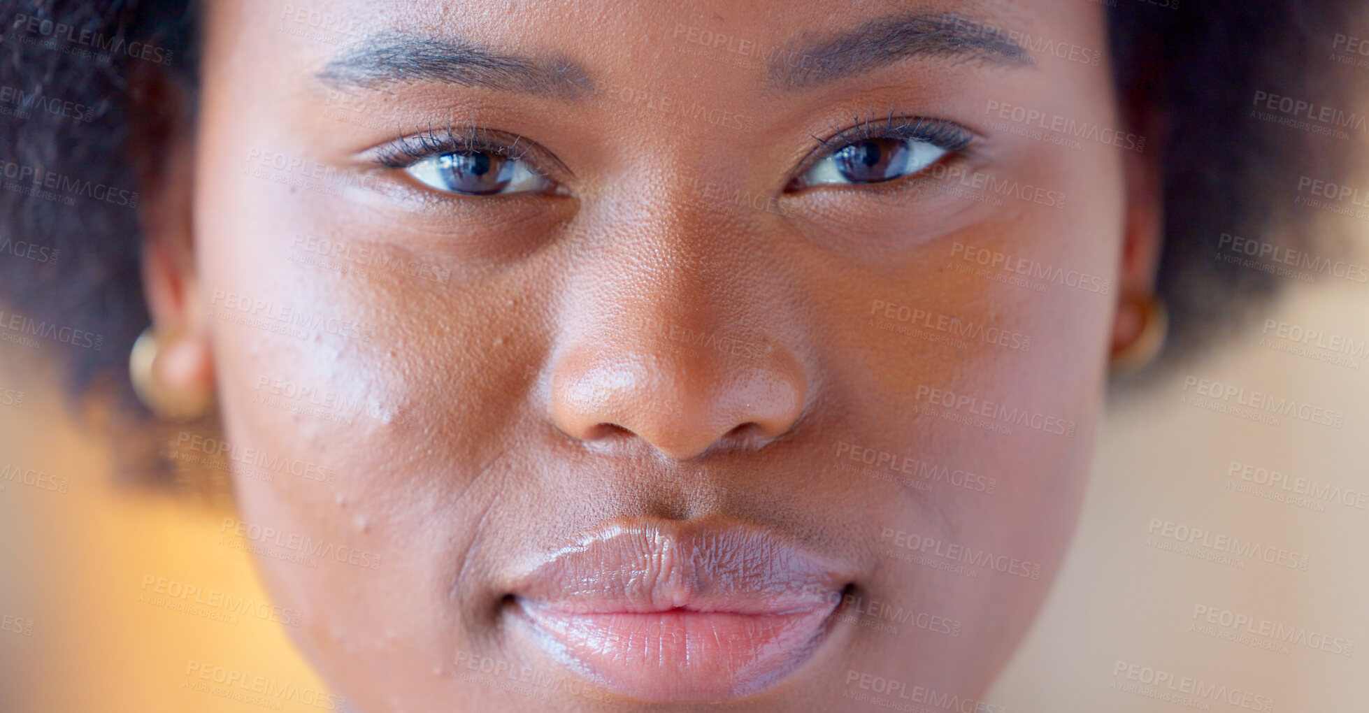 Buy stock photo Face, closeup and black woman with confidence at a office with job pride from internship. Business portrait, female professional and African person from Kenya with zoom and ready to start work