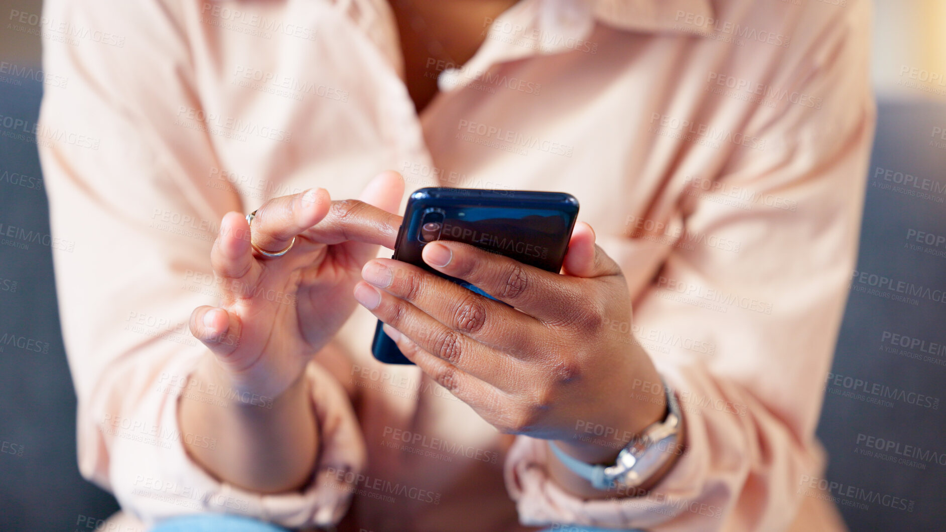 Buy stock photo Search, phone and hands of woman on sofa for relax, streaming and social media. Website, internet and communication with closeup of person in living room at home for contact, network and mobile app