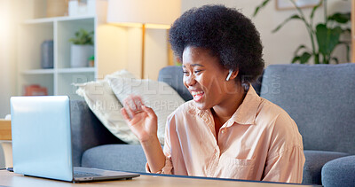 Buy stock photo Laptop, waving and black woman on a video call in home as remote work or networking with connection. Living room, African and young person freelancer talking online with app, internet and consulting