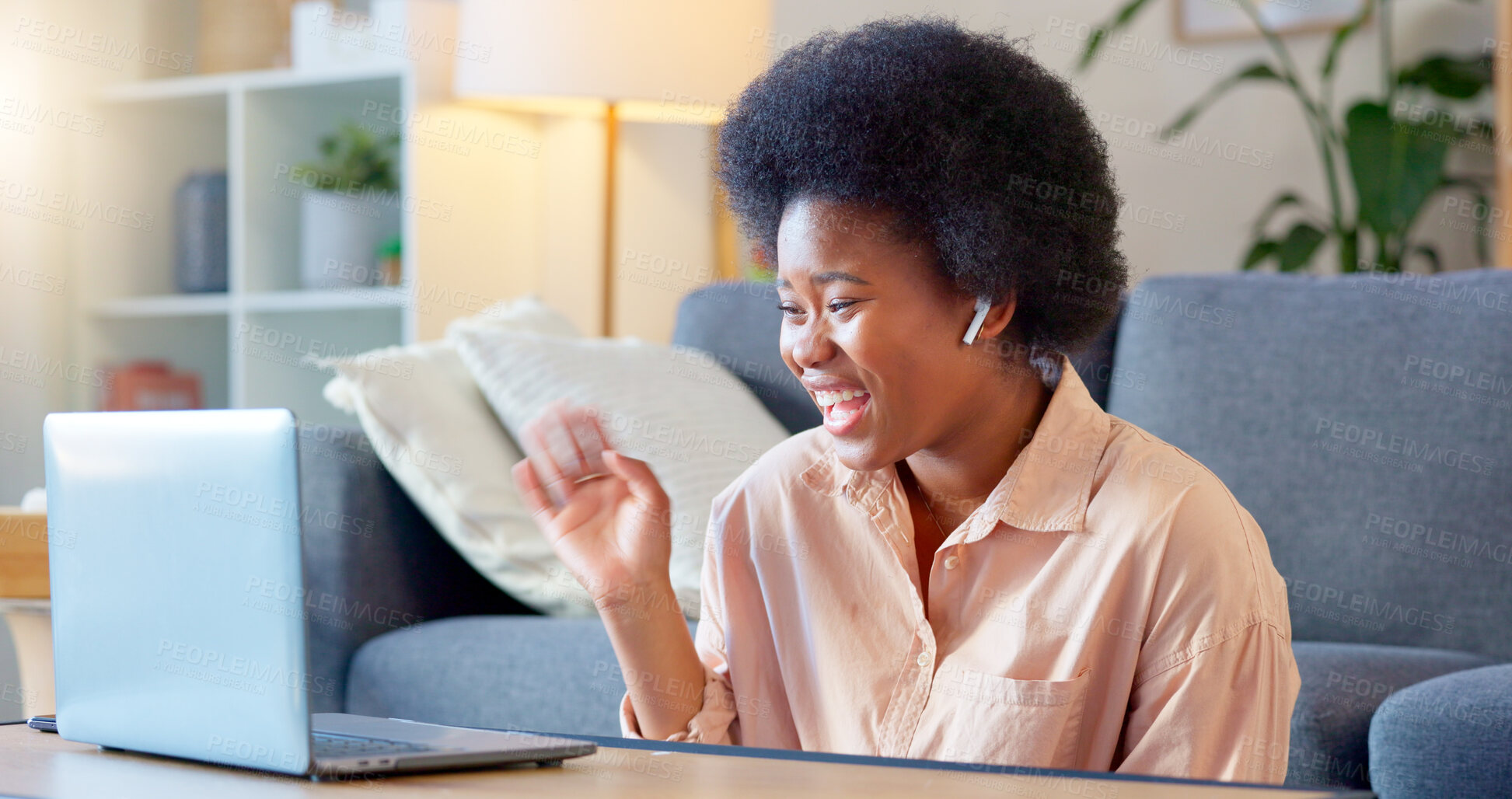 Buy stock photo Laptop, waving and black woman on a video call in home as remote work or networking with connection. Living room, African and young person freelancer talking online with app, internet and consulting
