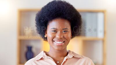 Buy stock photo Confident, smile and portrait of businesswoman in the office with positive, happy and good attitude. Face, excited and headshot of young African female designer with pride in the modern workplace.