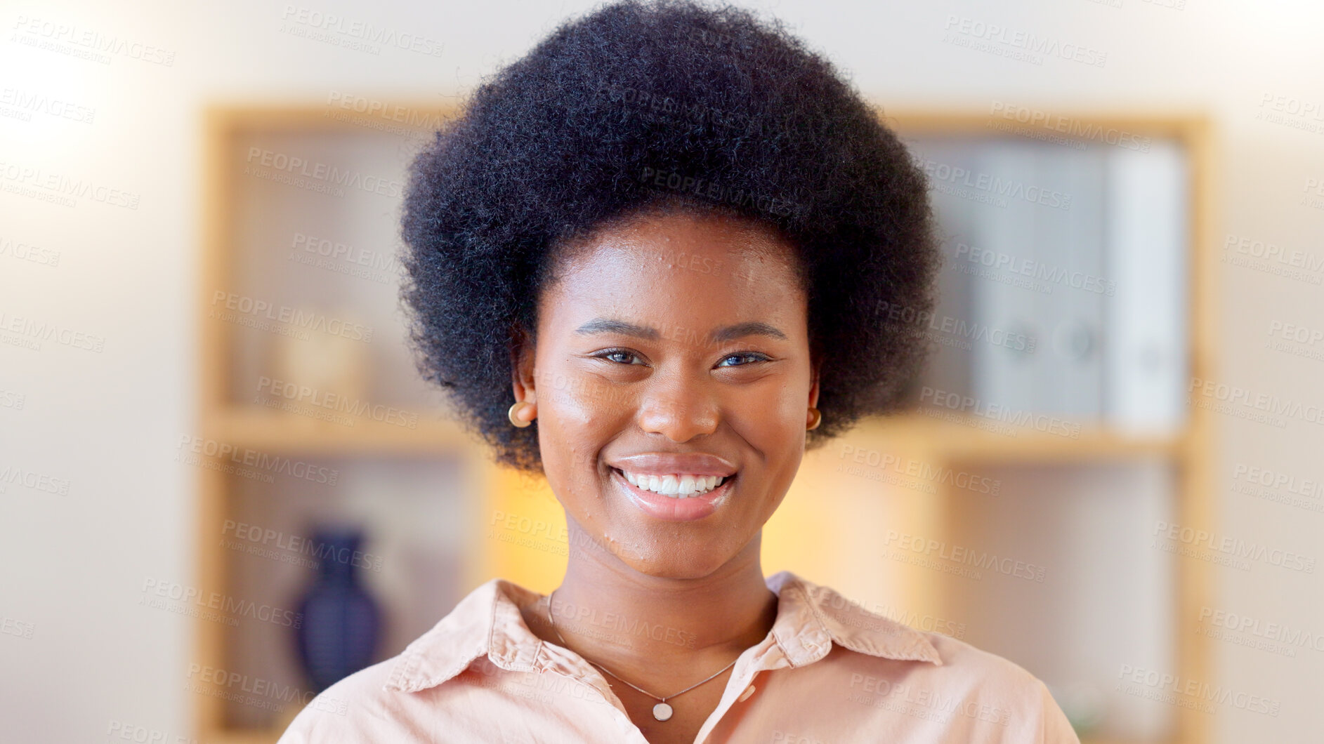 Buy stock photo Confident, smile and portrait of businesswoman in the office with positive, happy and good attitude. Face, excited and headshot of young African female designer with pride in the modern workplace.