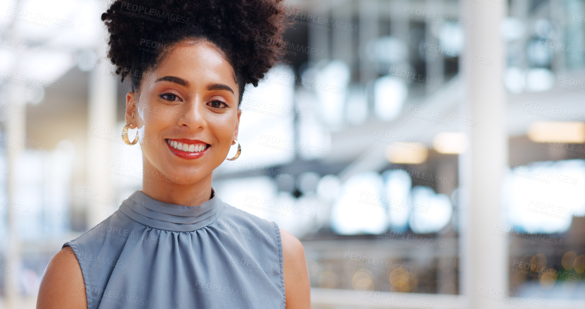 Buy stock photo Smile, professional and portrait of businesswoman in airport with corporate law career. Confidence, happy and face headshot of young female legal attorney from Colombia standing in hotel for travel.