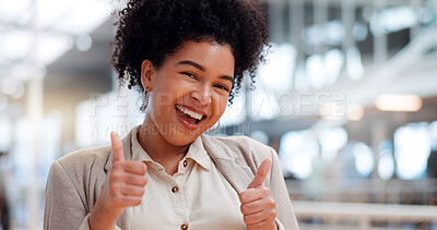 Buy stock photo Thumbs up, portrait and happy business woman in office with emoji, ok review and feedback for winning bonus. Face of employee, like sign and agreement for success, thank you and vote yes in support 