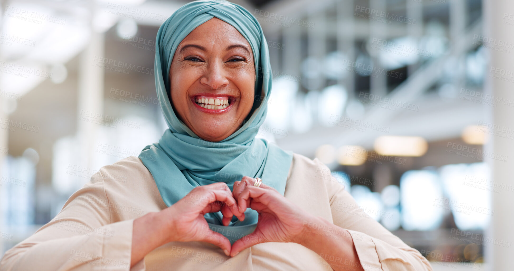 Buy stock photo Portrait, muslim and business woman with heart hands for love, inclusion and gratitude of kindness. Happy islamic manager, hijab and finger emoji for thank you, trust and sign of hope, icon and peace